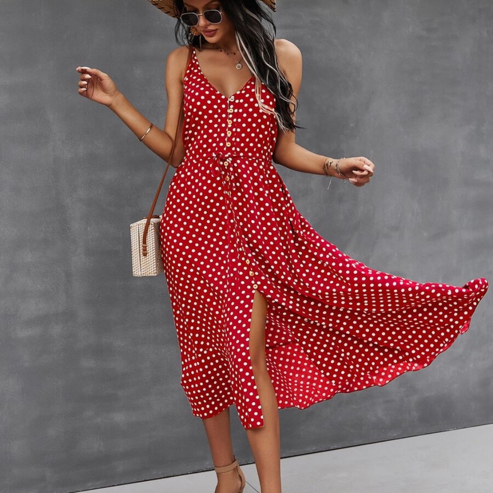 Red boho button up vneck tie polka dress